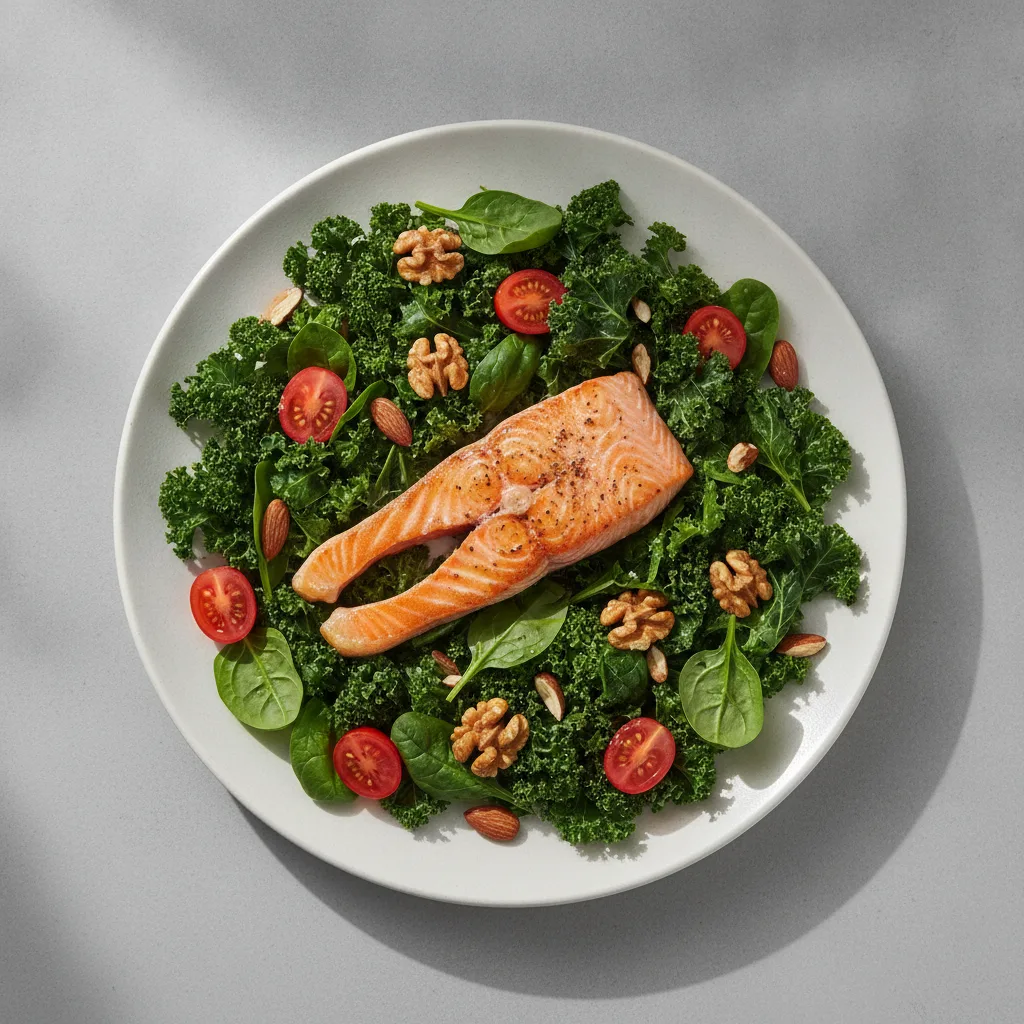 Assiette colorée de légumes, de poisson gras et d'huile d'olive pour une alimentation anti-inflammatoire