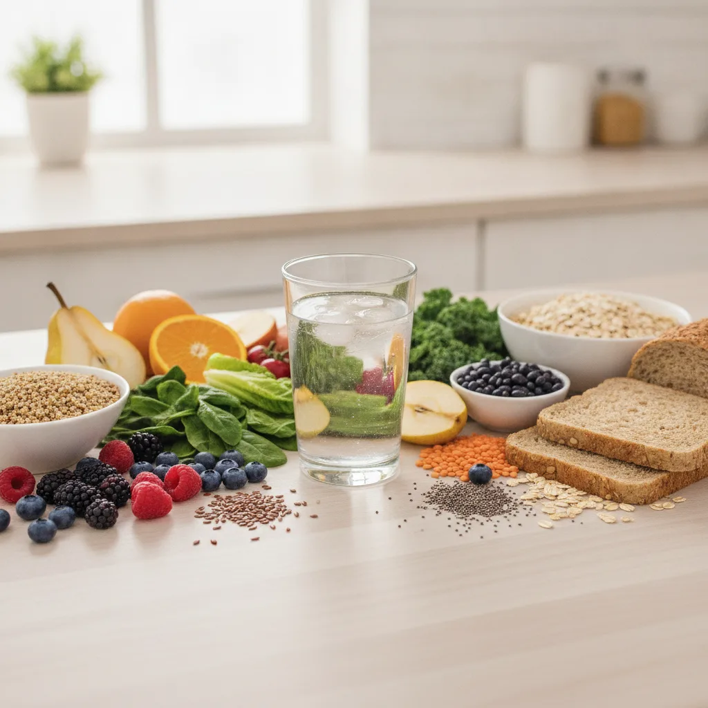 Assortiment d'aliments riches en fibres et un verre d'eau pour favoriser un transit régulier