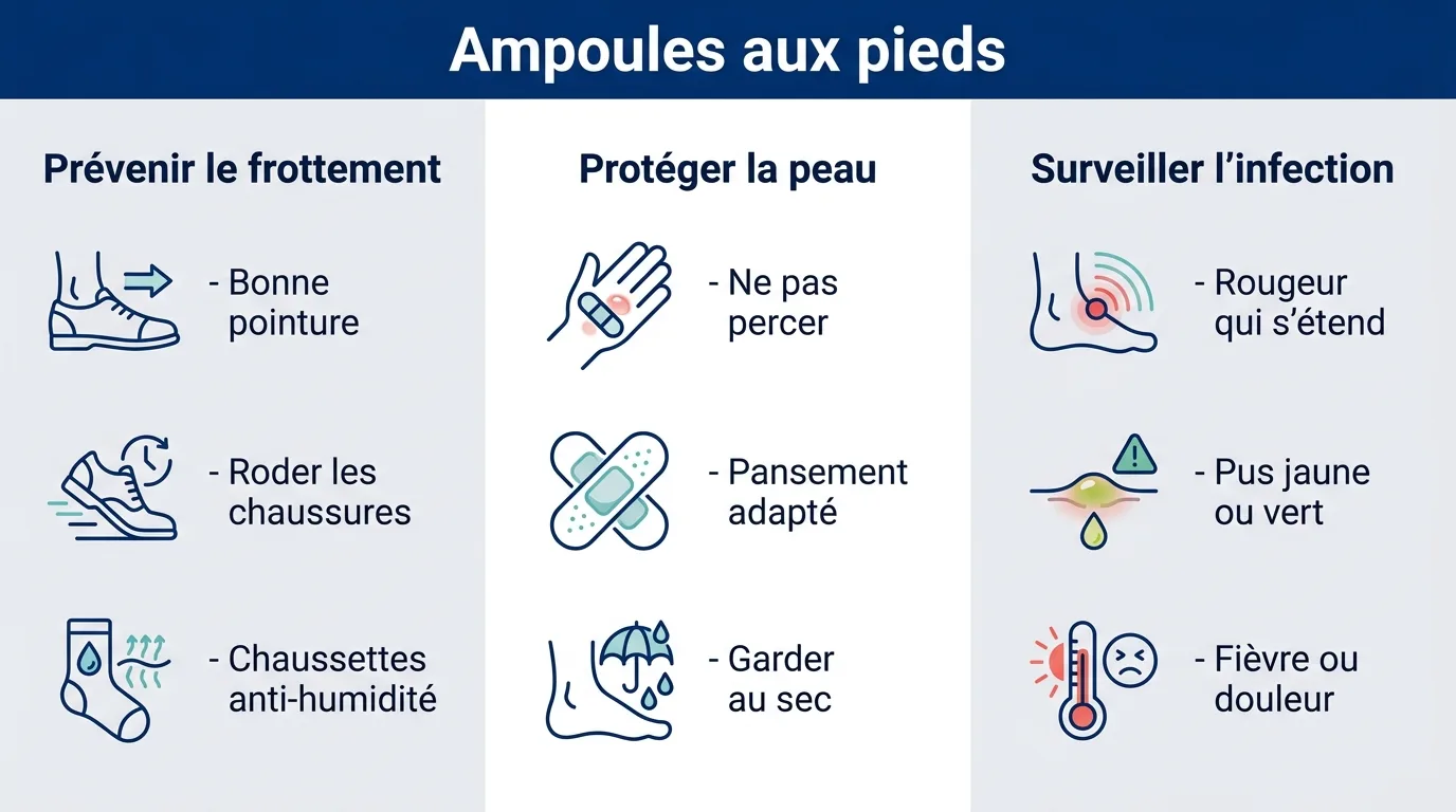 Infographie sur la prévention et le soin des ampoules aux pieds en trois étapes