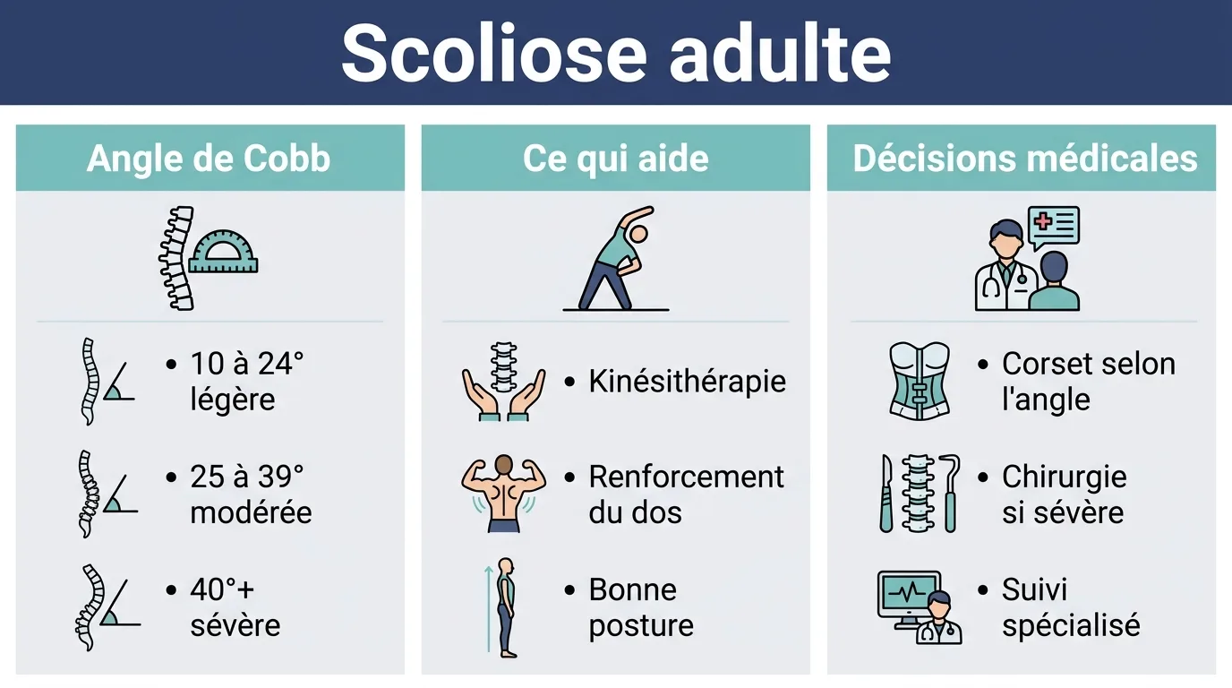 Infographie présentant les paliers de l'angle de Cobb et les grandes options de prise en charge de la scoliose chez l'adulte.