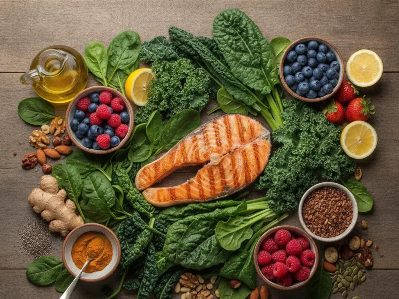 Table en bois garnie d'aliments anti-inflammatoires colorés pour protéger les articulations
