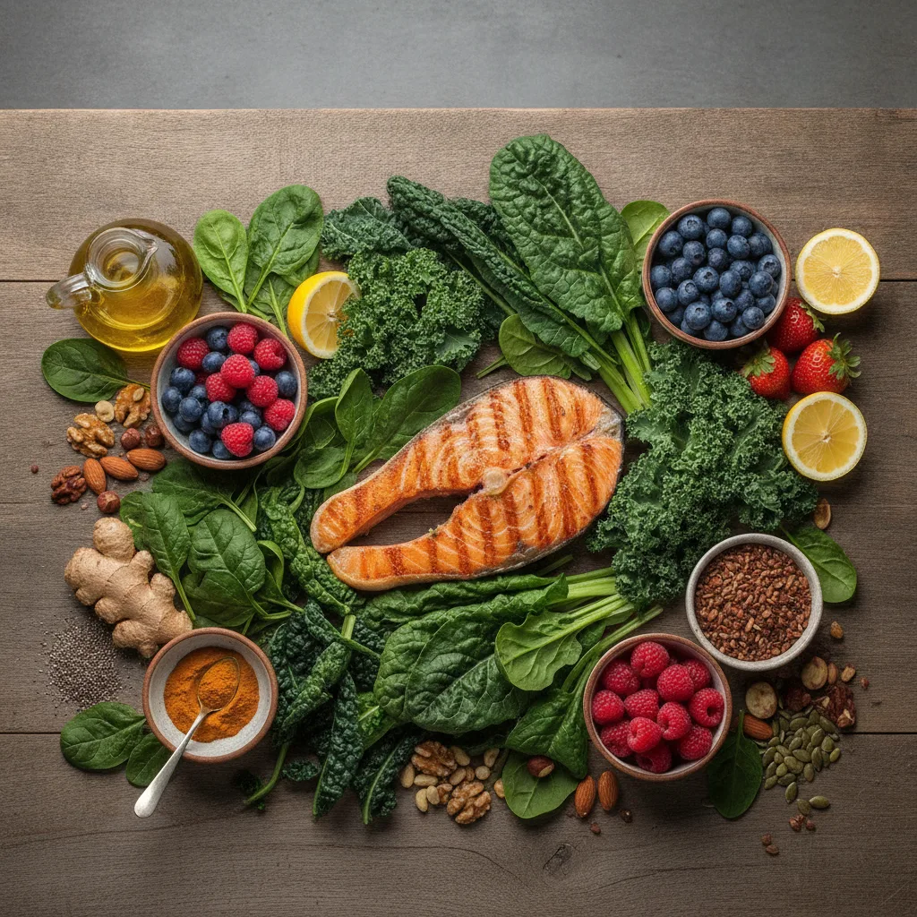 Table en bois garnie d'aliments anti-inflammatoires colorés pour protéger les articulations