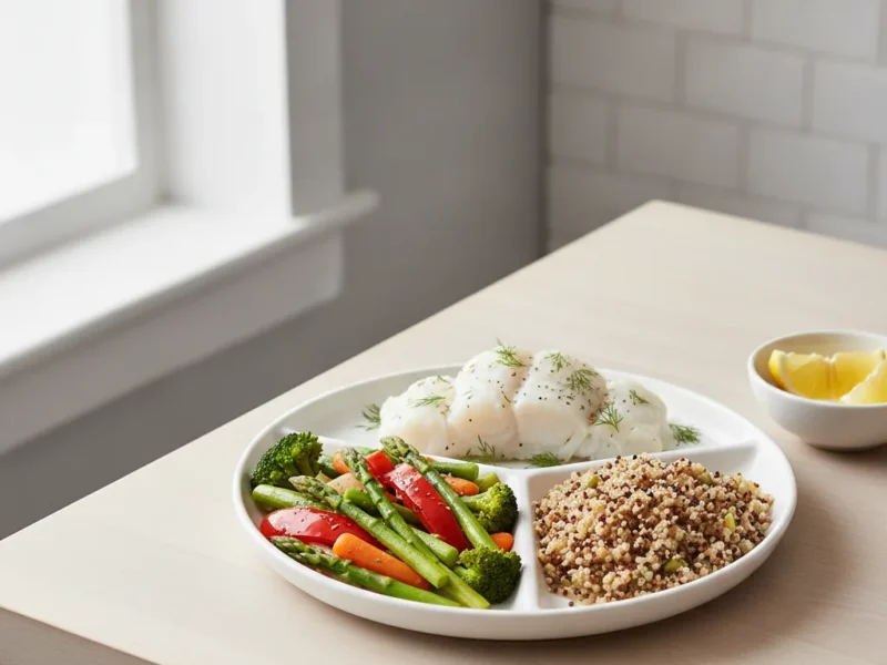 Assiette équilibrée à base de légumes cuits, de poisson et de céréales complètes adaptée au reflux