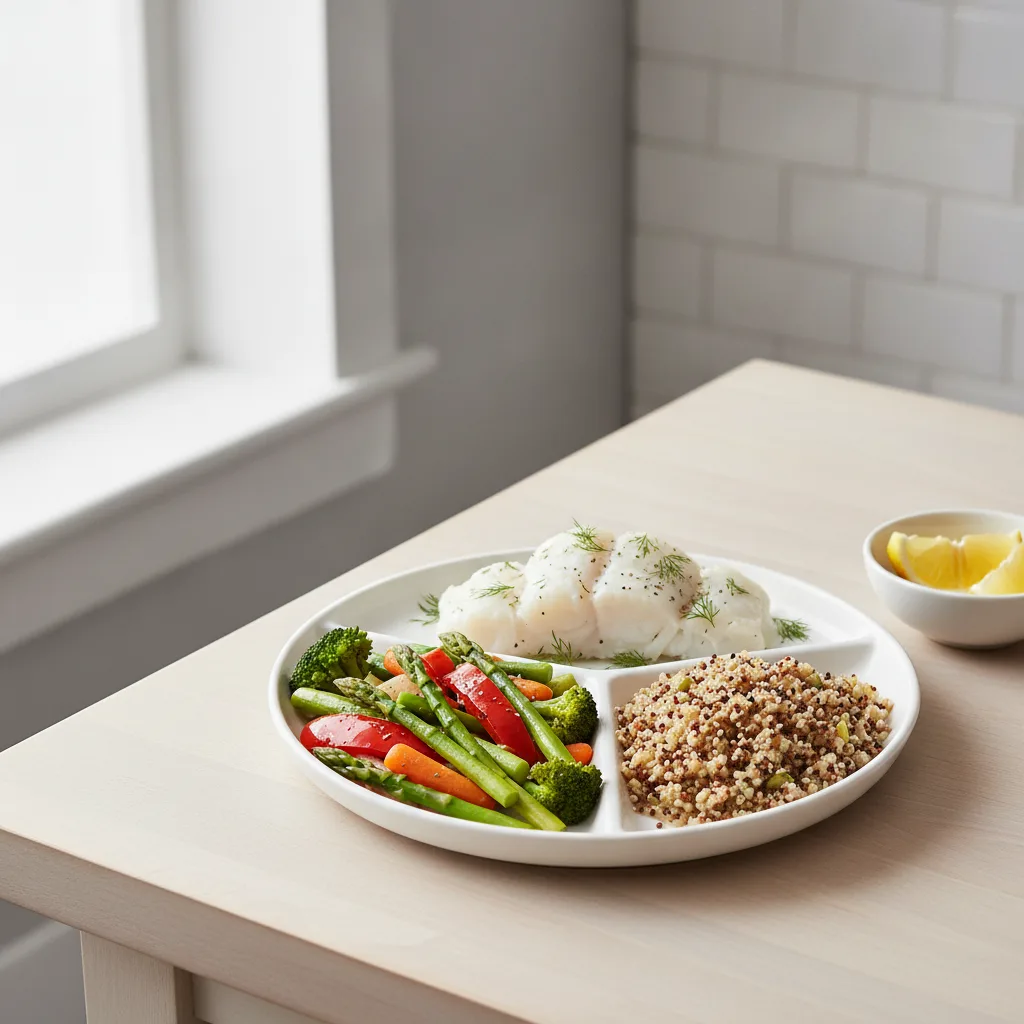 Assiette équilibrée à base de légumes cuits, de poisson et de céréales complètes adaptée au reflux