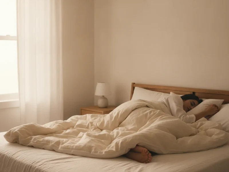 Personne endormie sur le côté dans une chambre calme au petit matin, illustrant le sommeil et l'apnée du sommeil