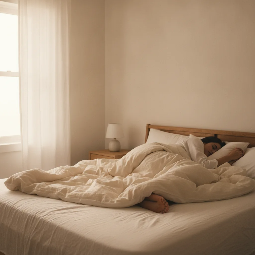 Personne endormie sur le côté dans une chambre calme au petit matin, illustrant le sommeil et l'apnée du sommeil