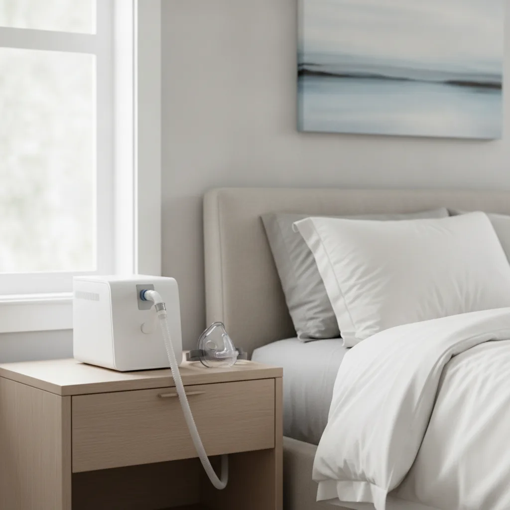 Appareil à pression positive continue posé sur une table de chevet pour traiter l'apnée du sommeil