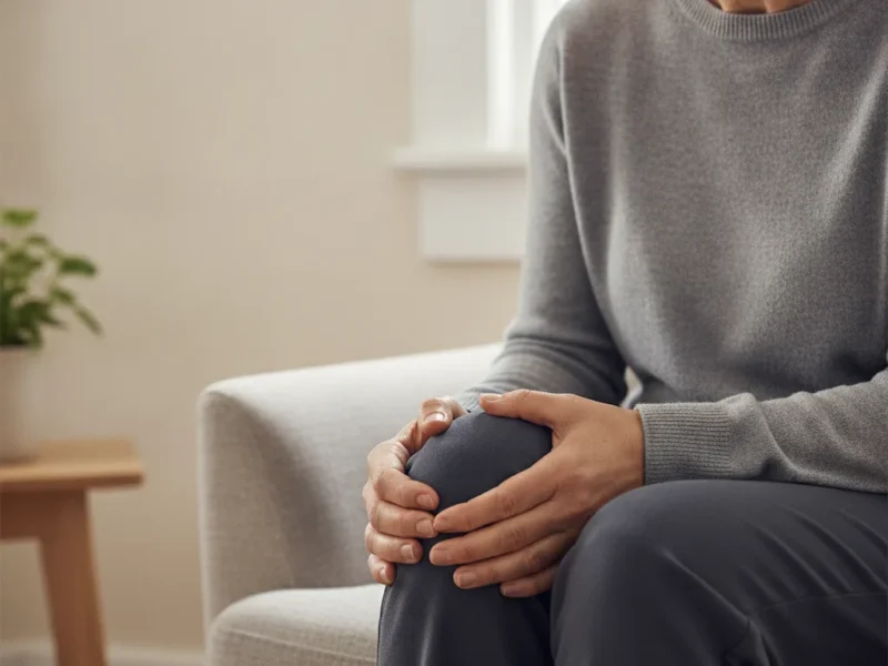 Femme mûre assise chez elle tenant son genou douloureux à deux mains.