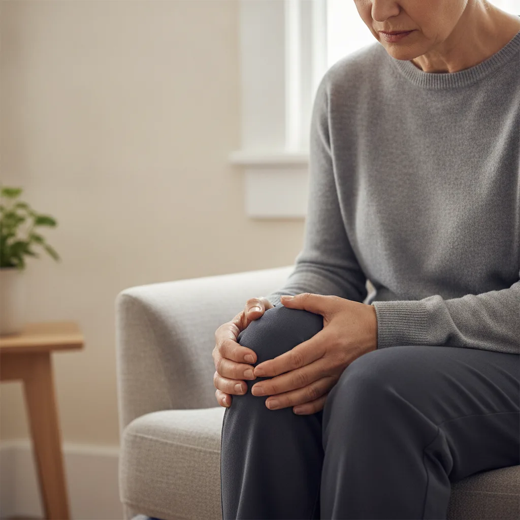 Femme mûre assise chez elle tenant son genou douloureux à deux mains.