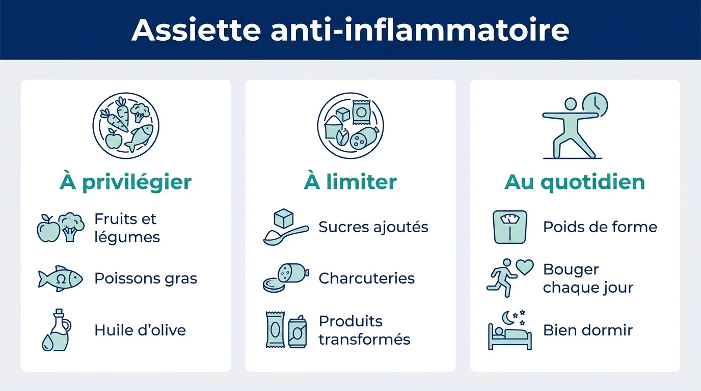 Infographie présentant les aliments à privilégier, à limiter et les gestes du quotidien pour des articulations en meilleure santé
