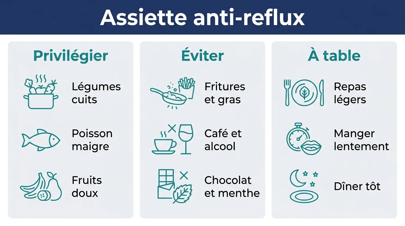 Infographie présentant les aliments à privilégier, ceux à éviter et les bonnes habitudes à table contre le reflux