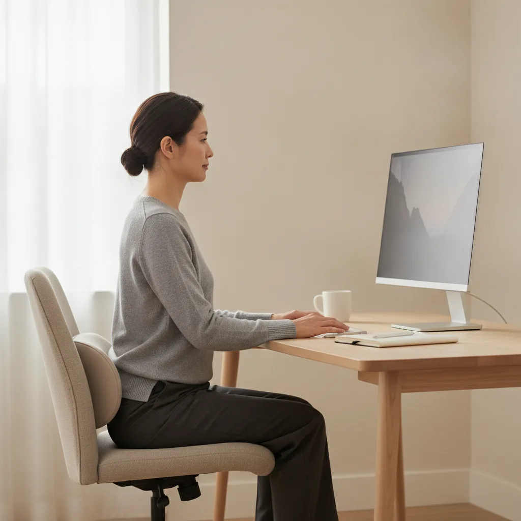 Personne assise correctement à un bureau, dos soutenu, sur un coussin coccyx