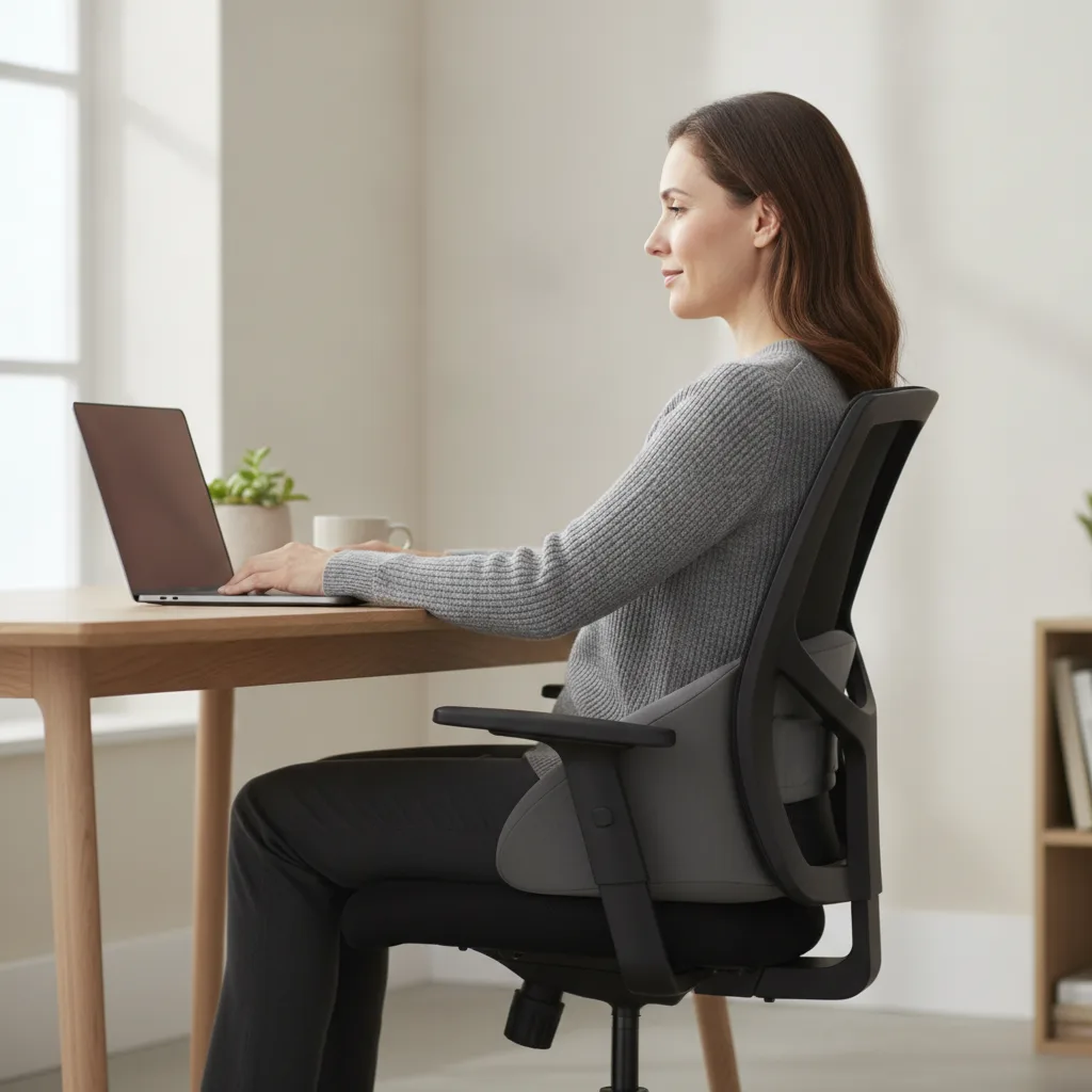 Personne assise au bureau avec un coussin de soutien lombaire contre le dossier.