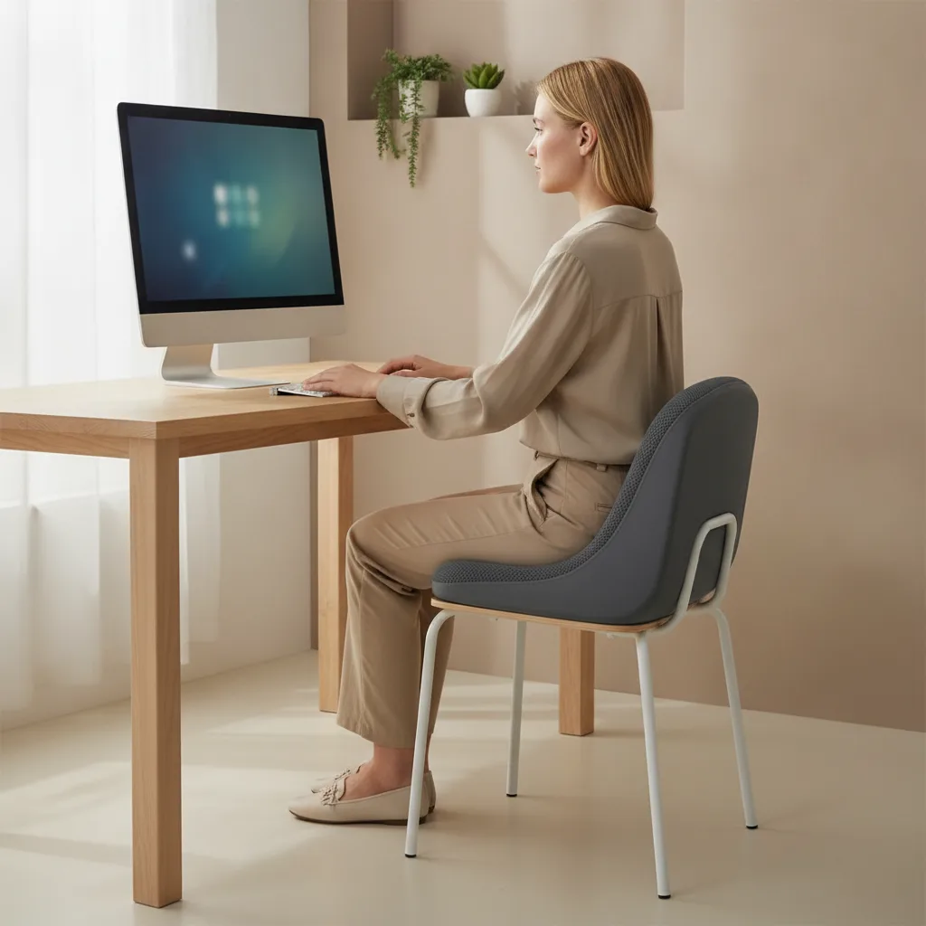 Personne assise au bureau avec une posture soutenue par un coussin d'assise ergonomique