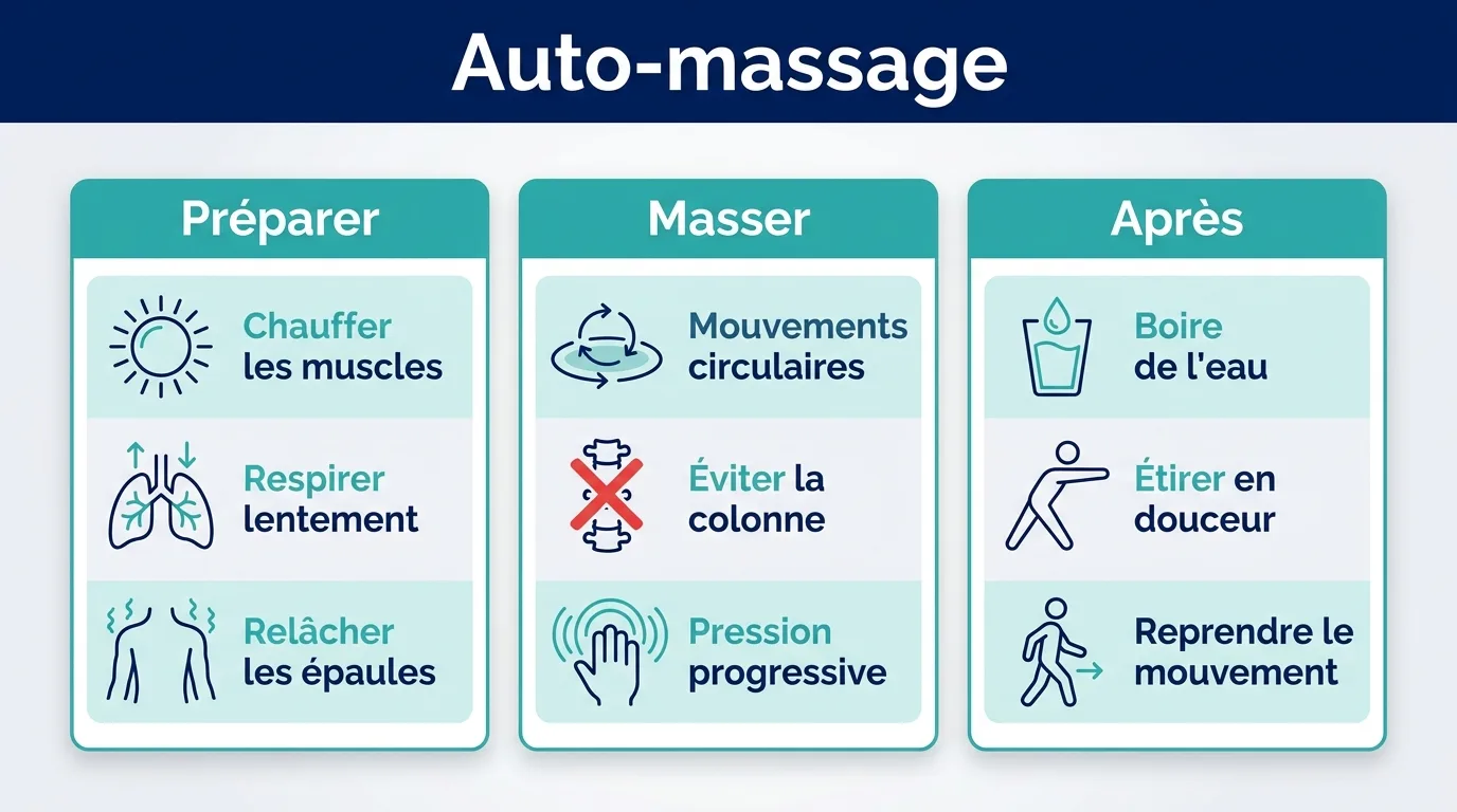 Infographie en trois étapes montrant comment réaliser un auto-massage du dos à la maison