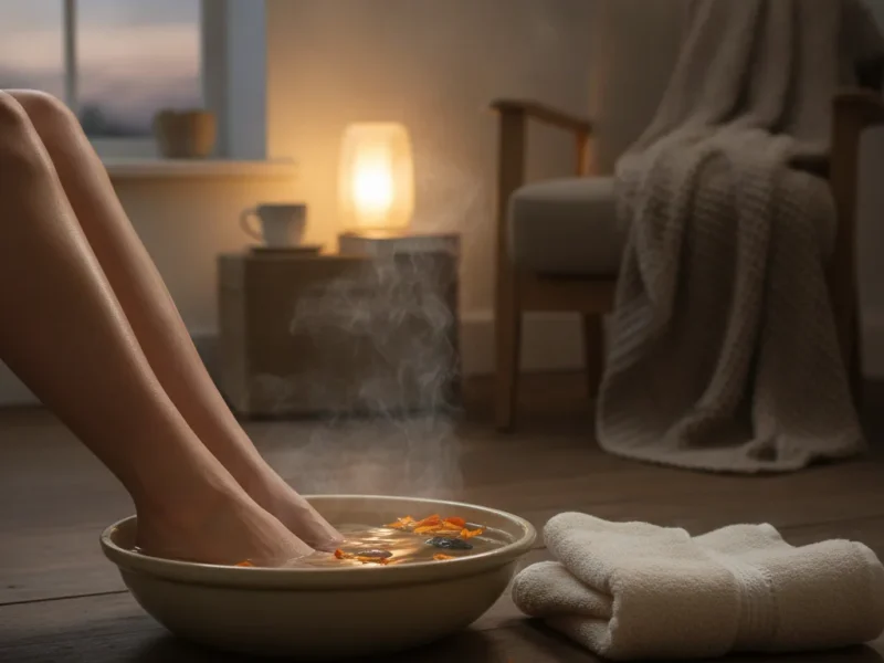 Pieds détendus plongés dans une bassine d'eau tiède pour un bain de pieds relaxant le soir