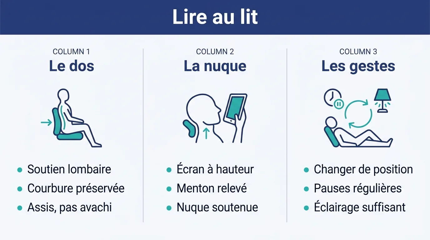 Infographie sur les trois zones à soigner pour bien lire au lit : le dos, la nuque et les gestes.