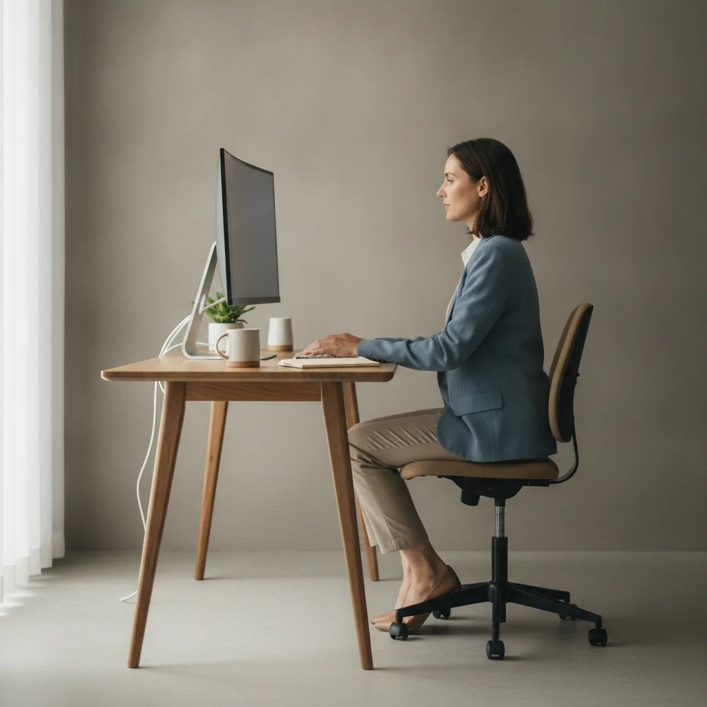 Personne assise correctement à un bureau, dos soutenu, pieds à plat et écran à hauteur des yeux.