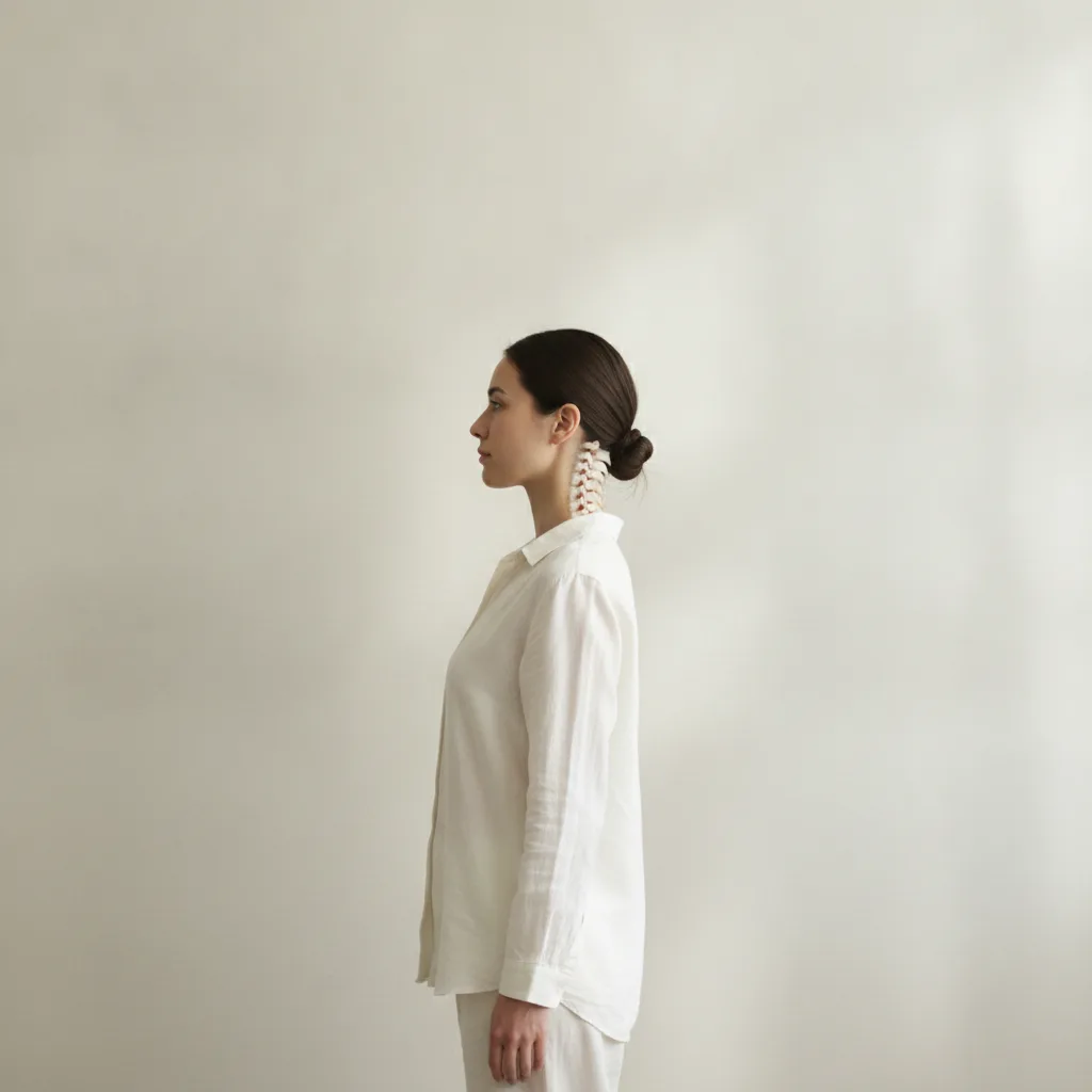 Femme debout adoptant une bonne posture, dos droit et épaules détendues dans un intérieur lumineux.