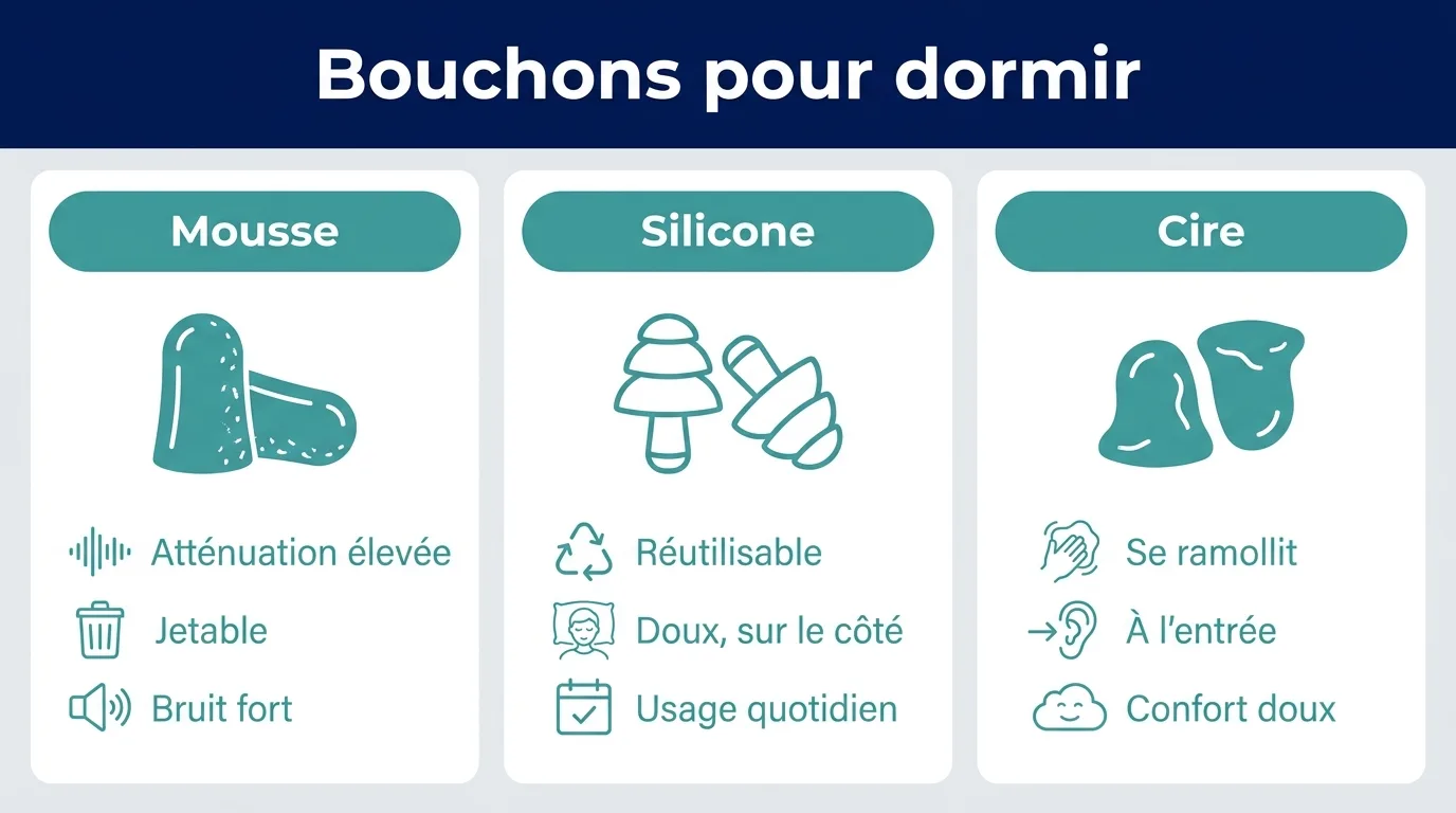 Infographie comparant trois types de bouchons d'oreilles pour dormir : mousse, silicone et cire, avec leurs usages.