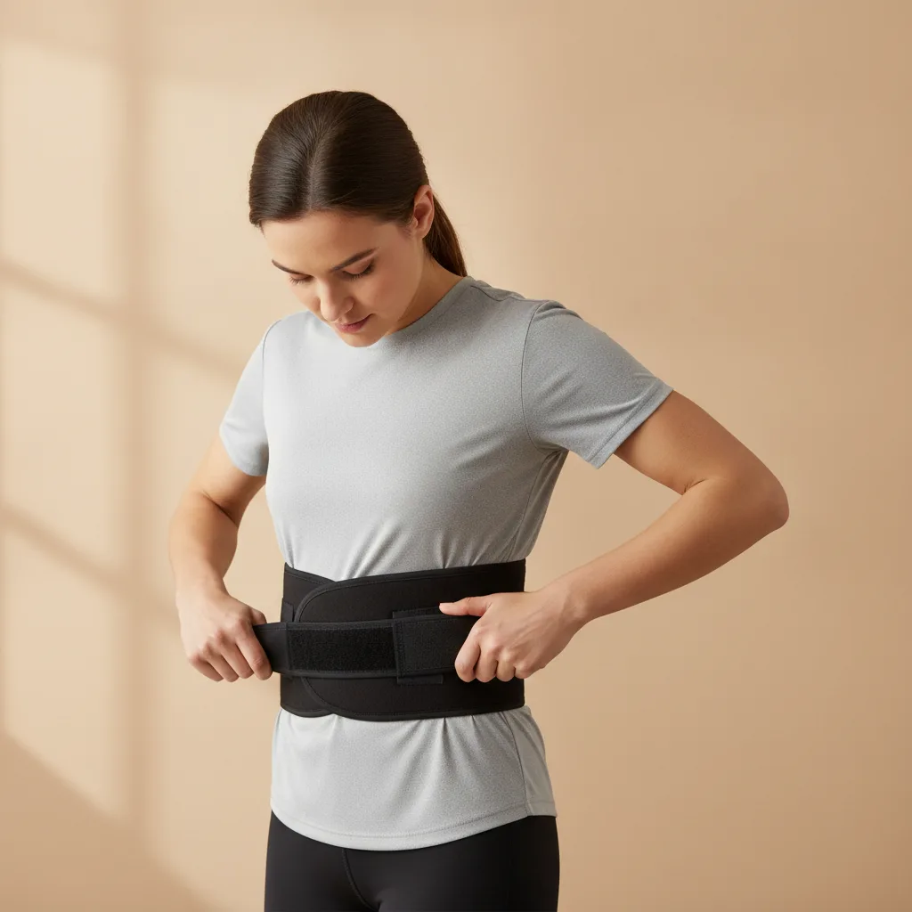 Personne ajustant une ceinture lombaire autour du bas du dos