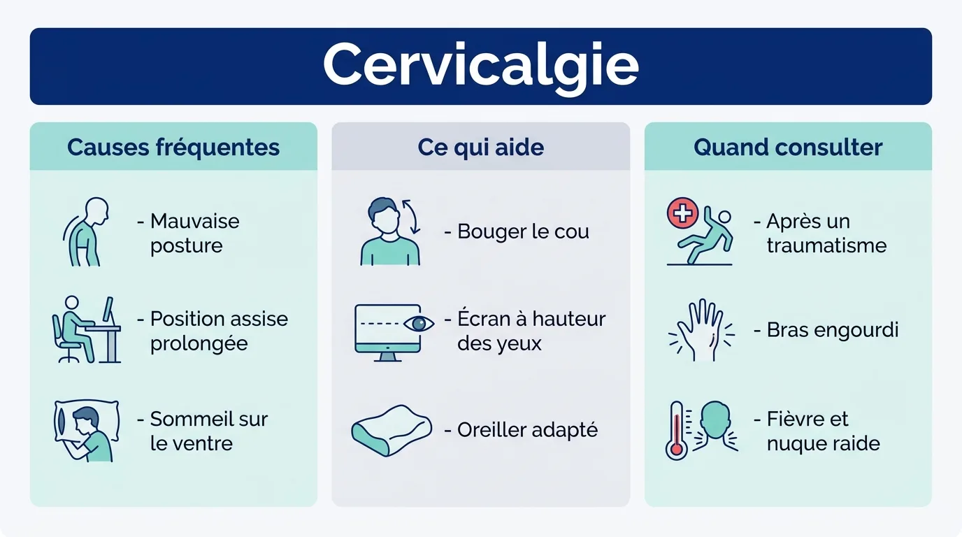 Infographie sur la cervicalgie présentant les causes fréquentes, les gestes qui soulagent et les signes qui doivent amener à consulter.