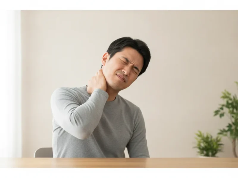 Femme assise à son bureau tenant sa nuque douloureuse à cause d'une cervicalgie.