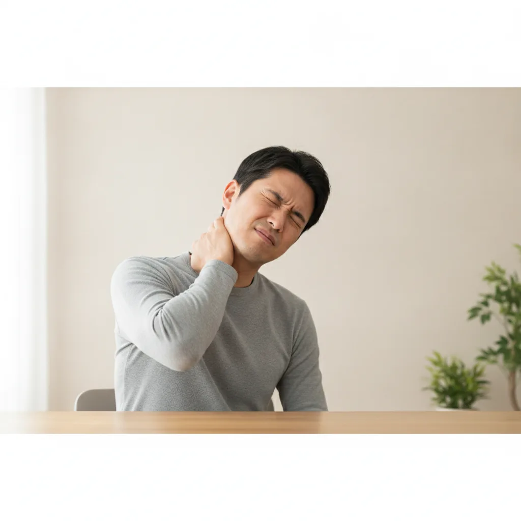 Femme assise à son bureau tenant sa nuque douloureuse à cause d'une cervicalgie.