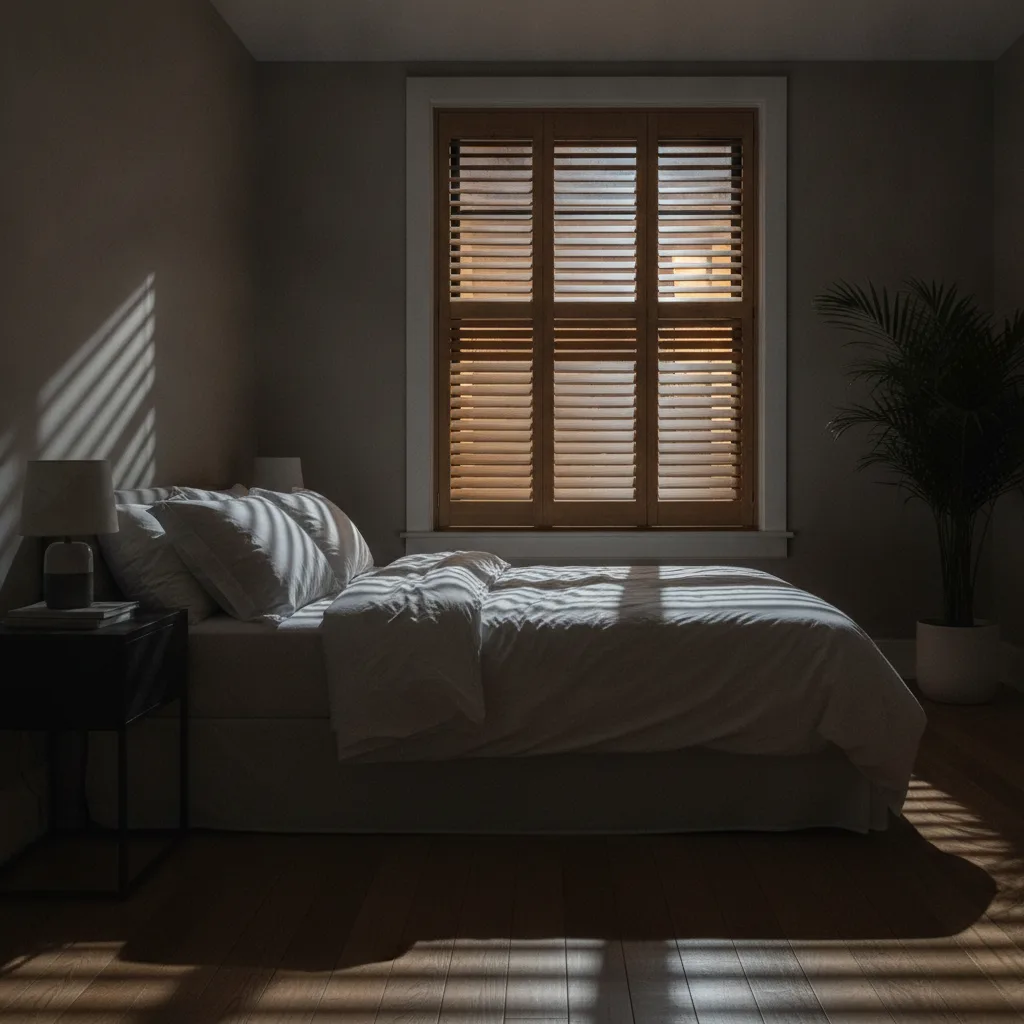 Chambre à coucher la nuit traversée par la lumière parasite d'un lampadaire à travers les volets.