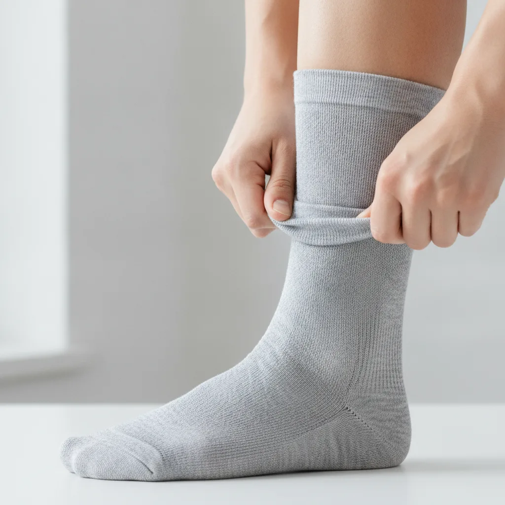 Gros plan sur des chaussettes de compression enfilées pour soutenir les pieds et les jambes fatigués