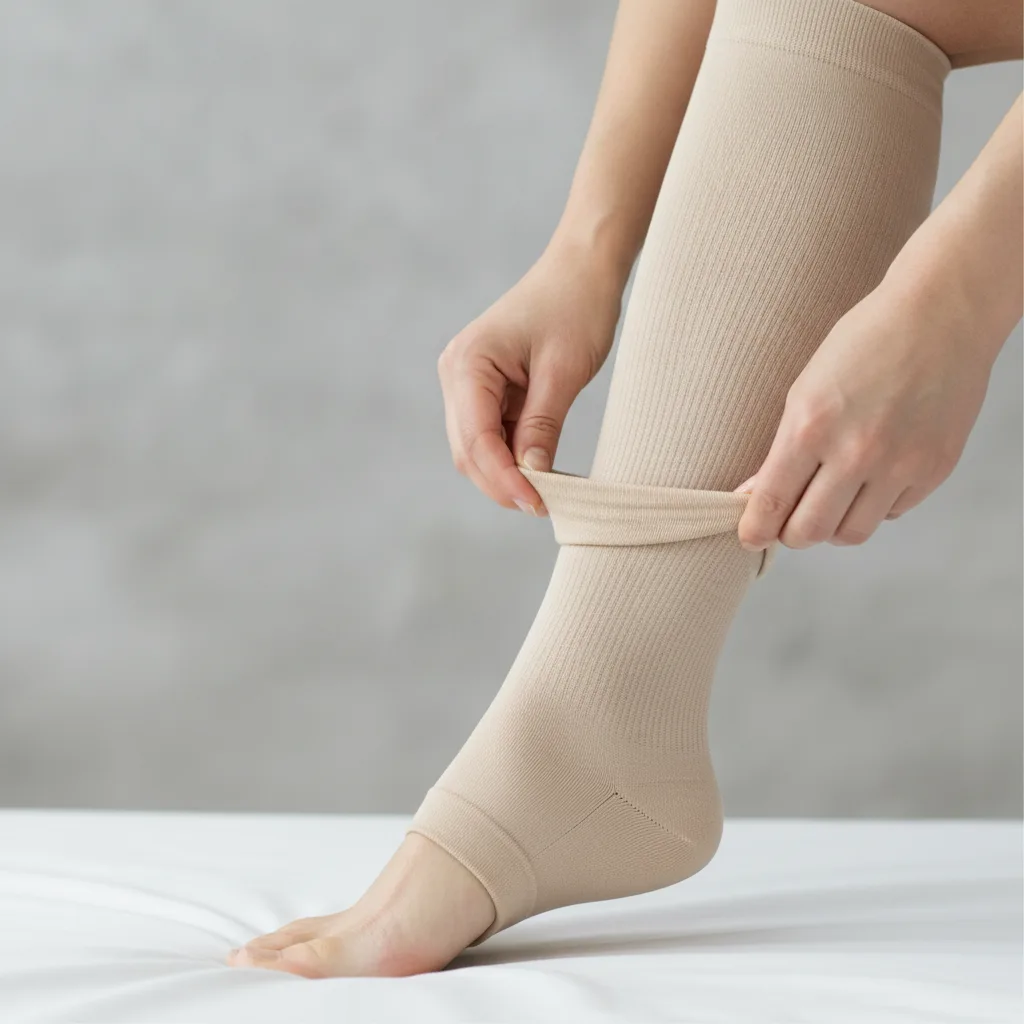 Gros plan sur des pieds enfilant une chaussette de compression pour soutenir la circulation.