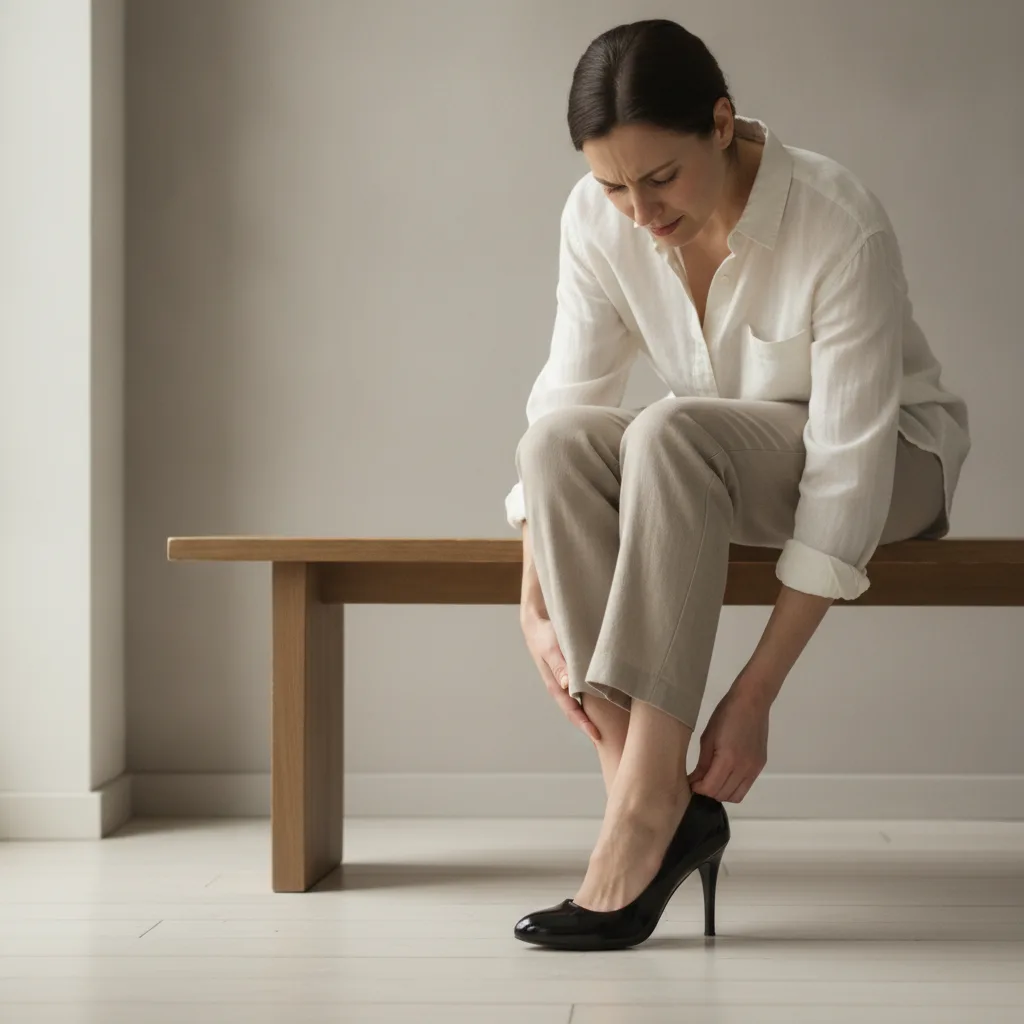 Femme retirant une chaussure étroite à talon pour soulager l'avant de son pied douloureux