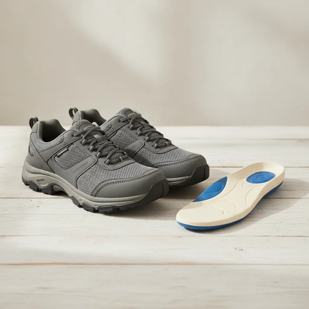 Chaussures de marche stables avec bon maintien du talon posées près d'une semelle de soutien.