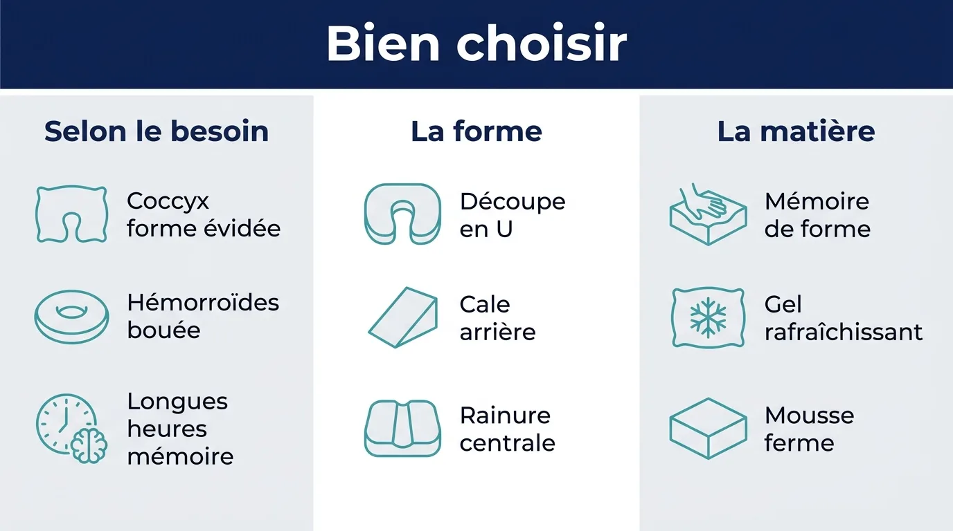 Infographie en trois volets pour choisir un coussin d'assise orthopédique selon le besoin, la forme et la matière