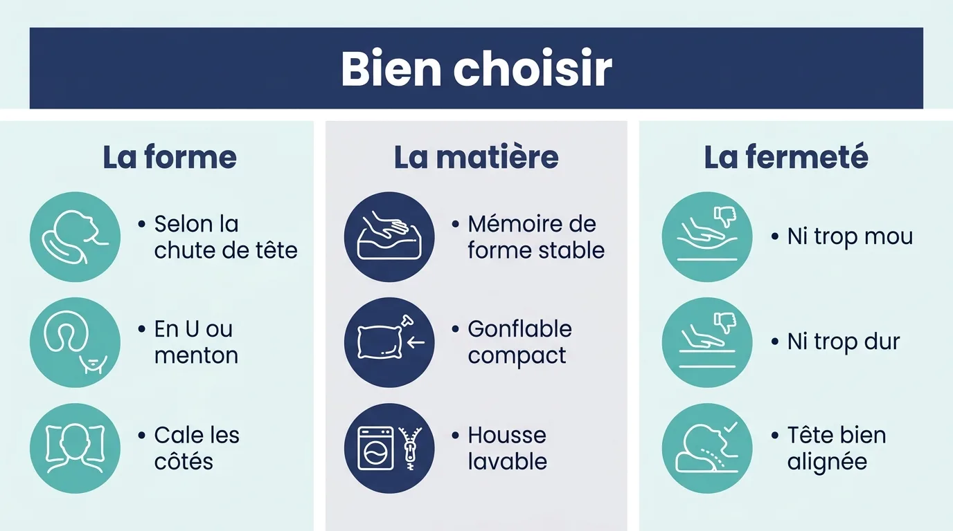 Infographie sur les trois critères pour choisir un coussin de voyage pour la nuque