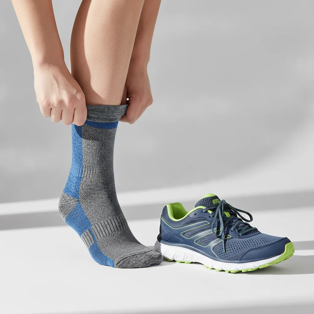 Personne enfilant une chaussette technique et une chaussure bien ajustée pour éviter les ampoules