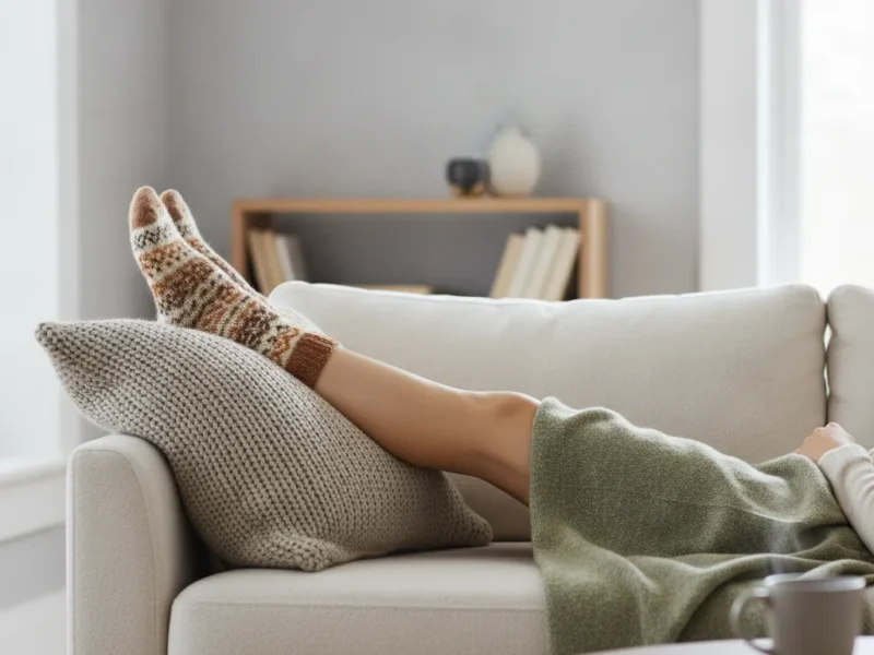 Personne détendue sur un canapé, jambes surélevées et pieds au chaud pour améliorer la circulation.
