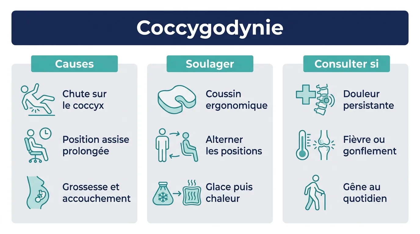 Infographie présentant les causes, les gestes de soulagement et les signes d'alerte de la douleur au coccyx.