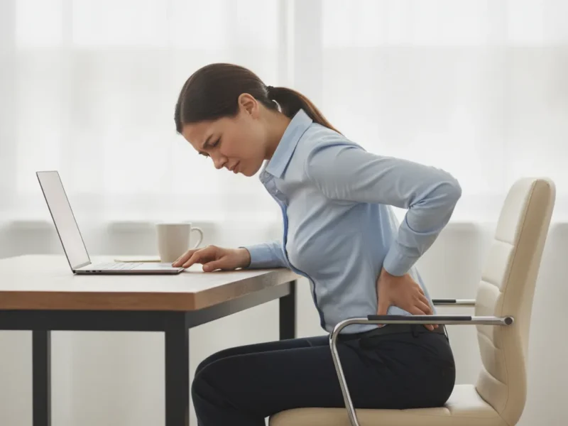 Personne assise à un bureau portant la main au bas du dos en raison d'une douleur au coccyx.