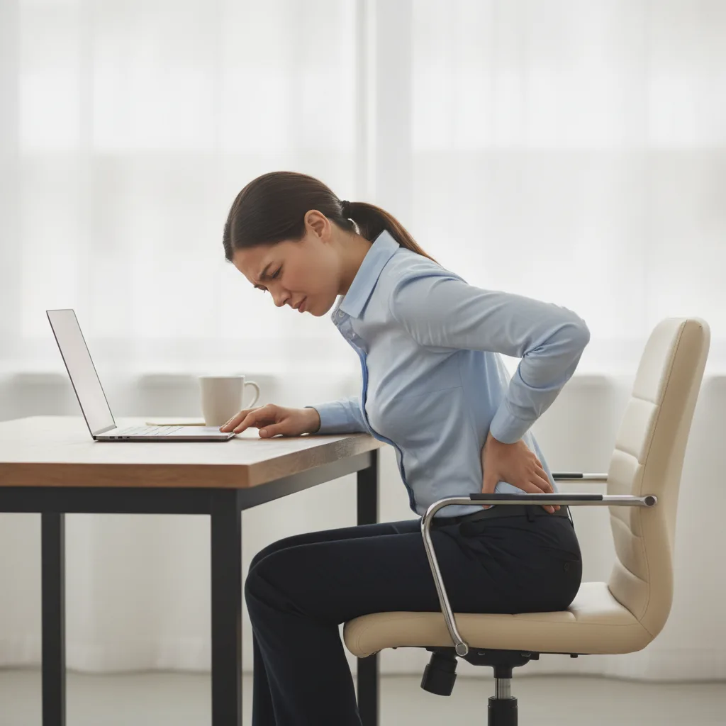 Personne assise à un bureau portant la main au bas du dos en raison d'une douleur au coccyx.