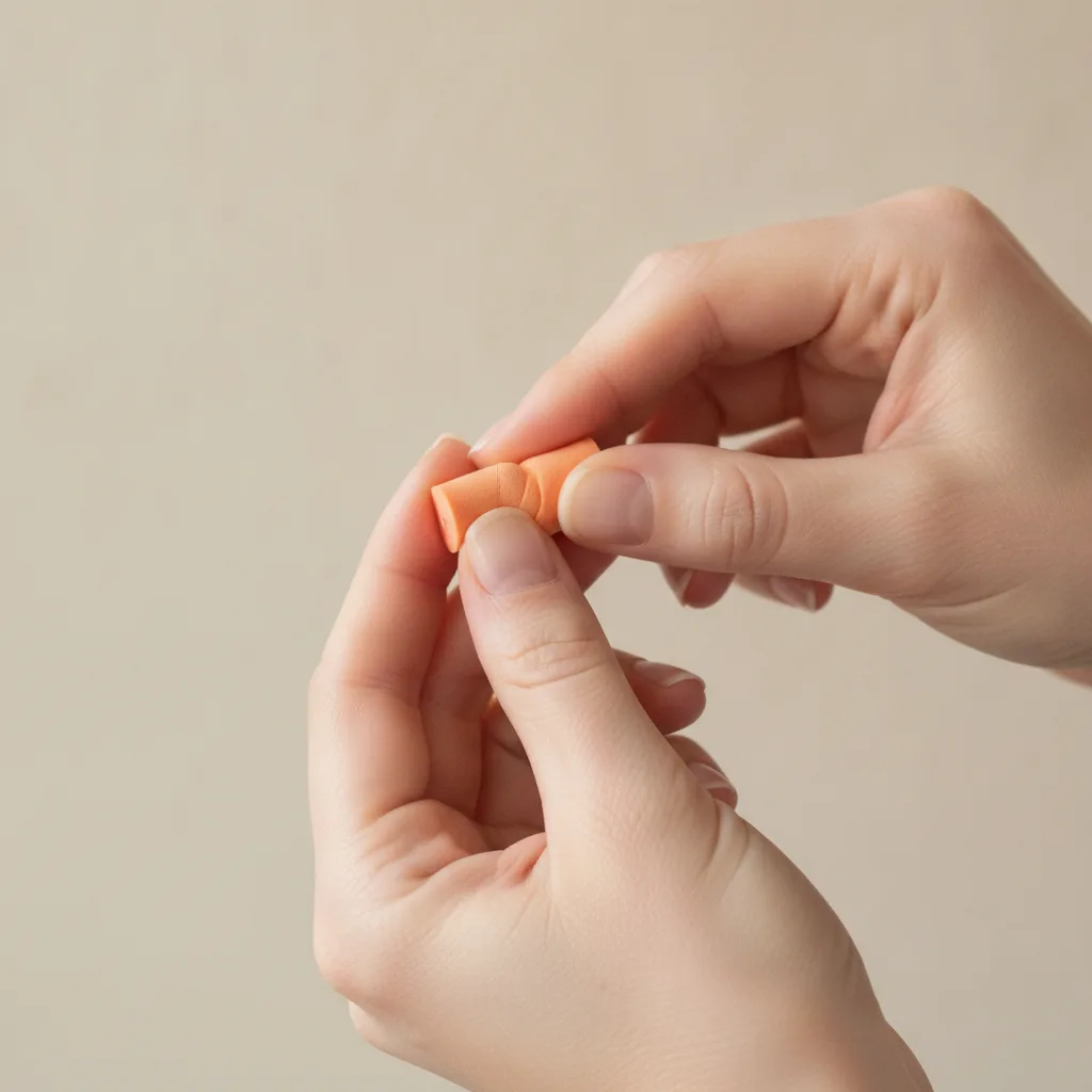 Mains roulant un bouchon en mousse entre les doigts avant de l'insérer dans l'oreille.