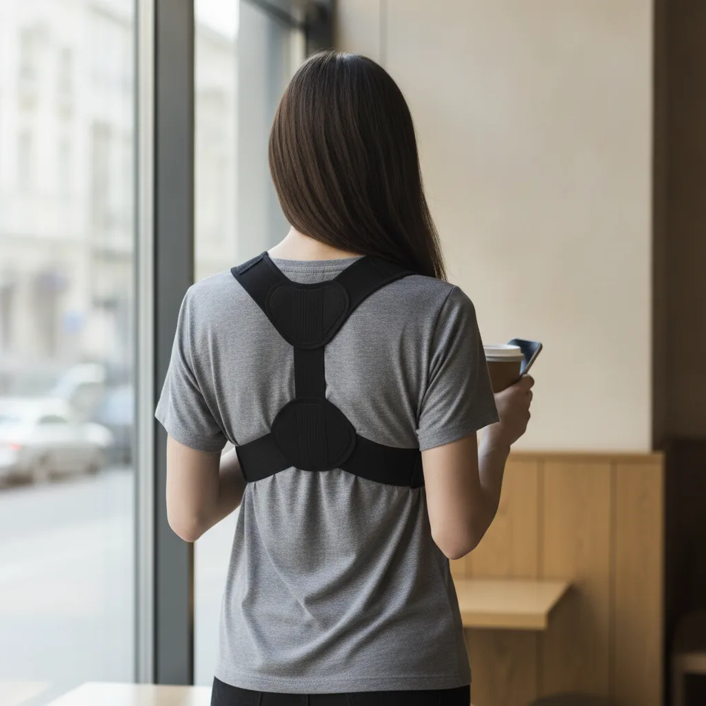 Correcteur de posture porté sur le haut du dos pour rappeler de se tenir droit.