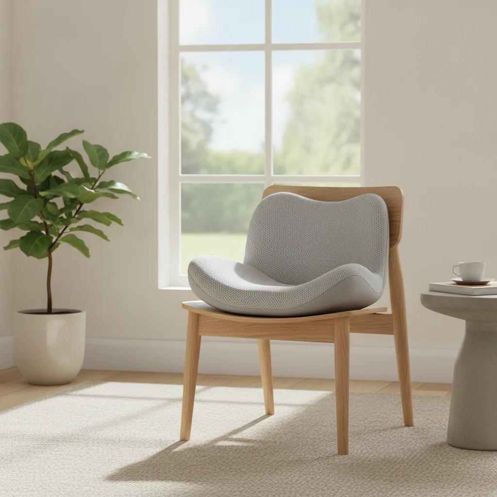 Coussin d'assise ergonomique posé sur une chaise près d'une fenêtre lumineuse