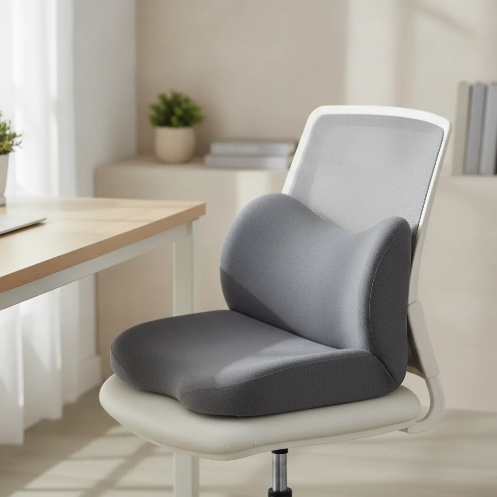 Coussin d'assise ergonomique posé sur une chaise de bureau pour soulager la pression liée aux hémorroïdes