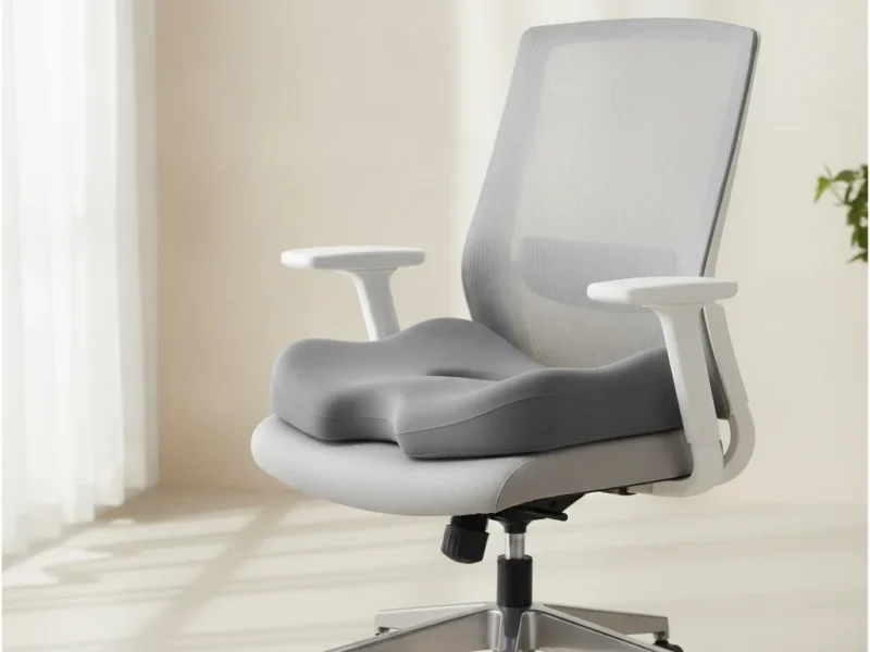 Coussin d'assise orthopédique en mousse à mémoire de forme posé sur une chaise de bureau