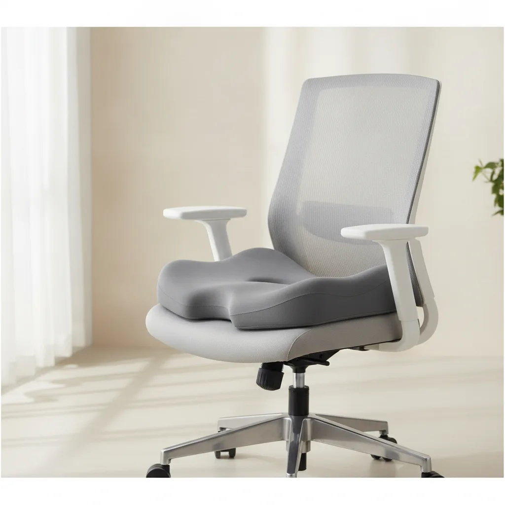 Coussin d'assise orthopédique en mousse à mémoire de forme posé sur une chaise de bureau