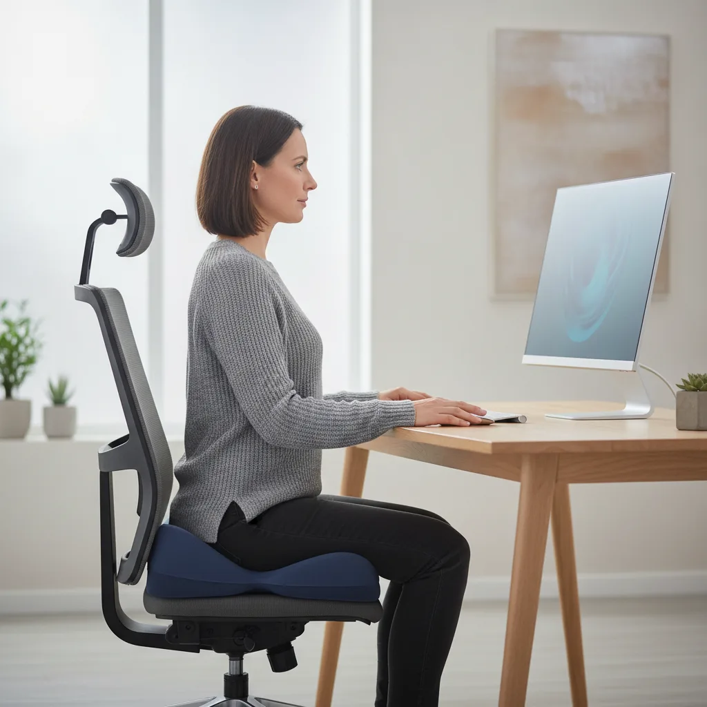 Personne assise au bureau sur un coussin orthopédique pour soulager le bas du dos.
