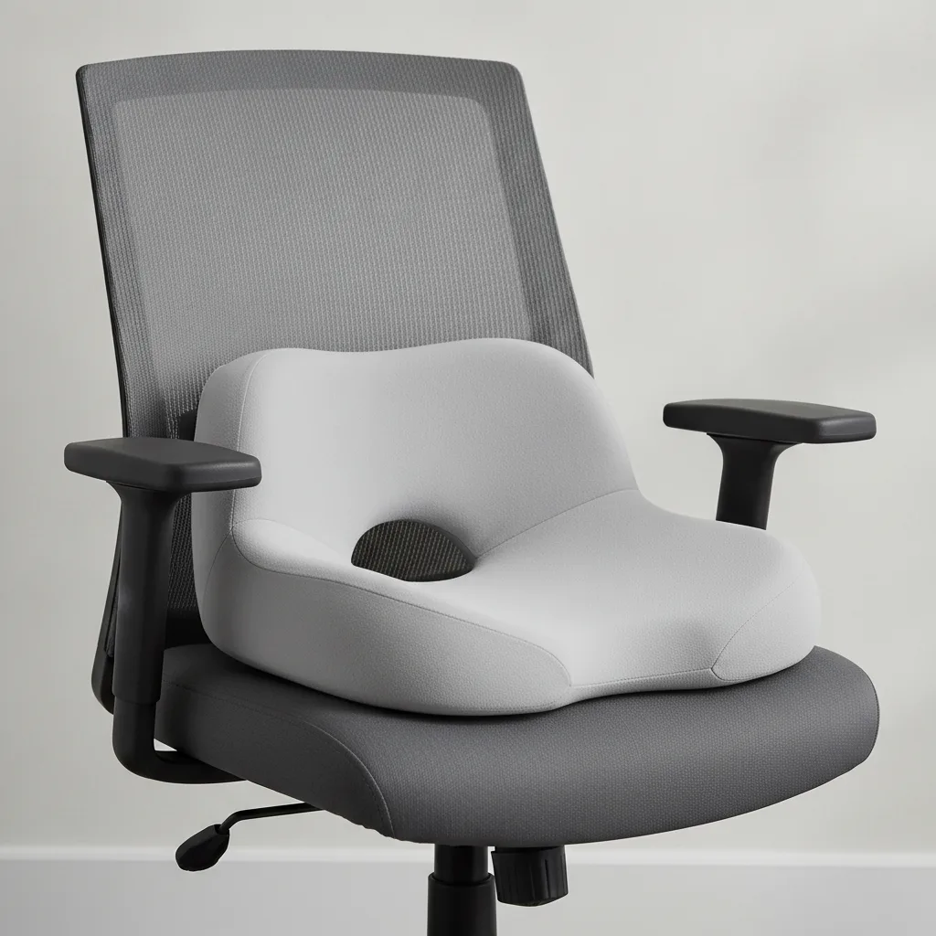 Coussin d'assise ergonomique à découpe en U posé sur une chaise de bureau
