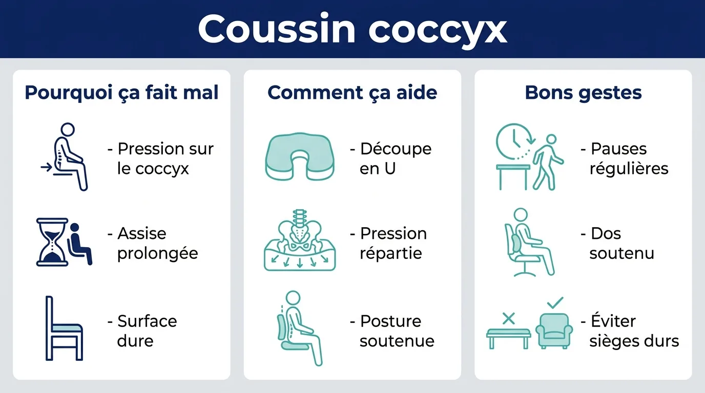 Infographie expliquant pourquoi le coccyx souffre assis, comment un coussin aide et les bons gestes au bureau