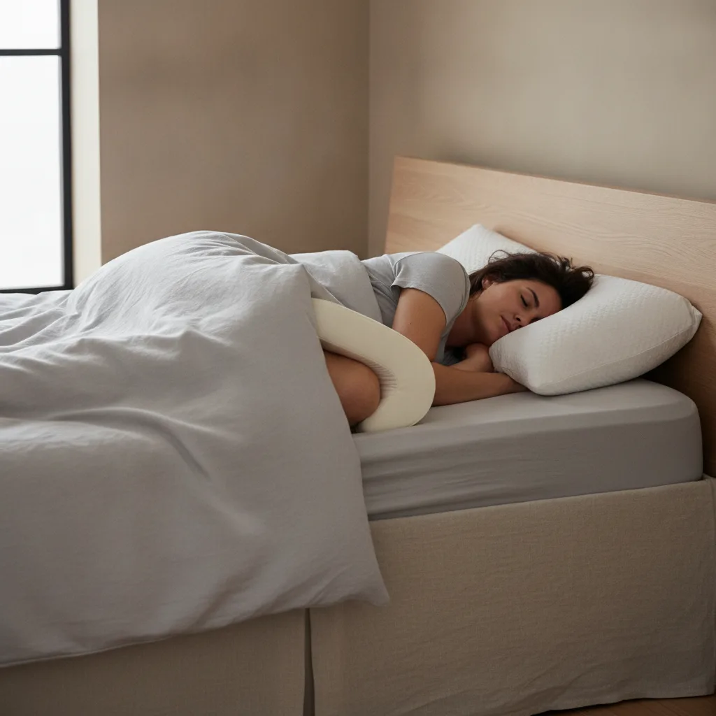 Personne dormant sur le côté avec un coussin orthopédique placé entre les genoux.
